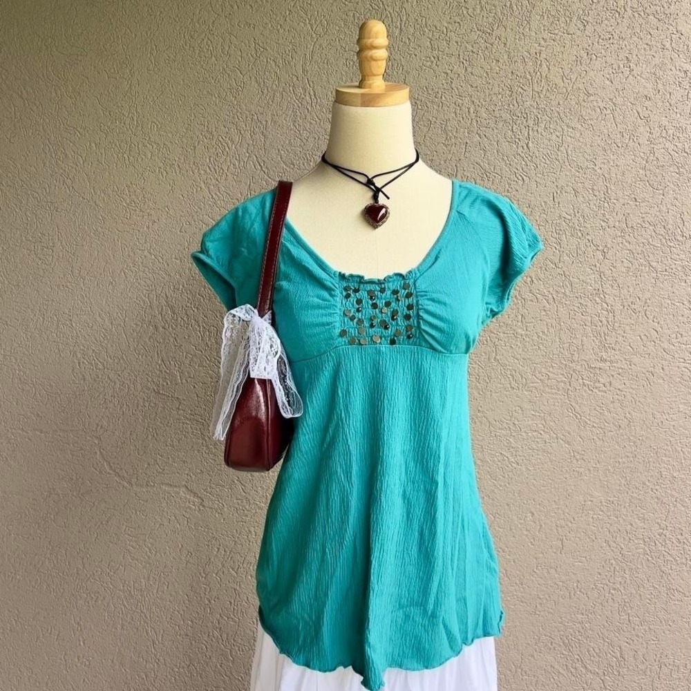 Y2K Self Esteem Babydoll Top Blouse Short Sleeve Size Large Beading Boho Fairy